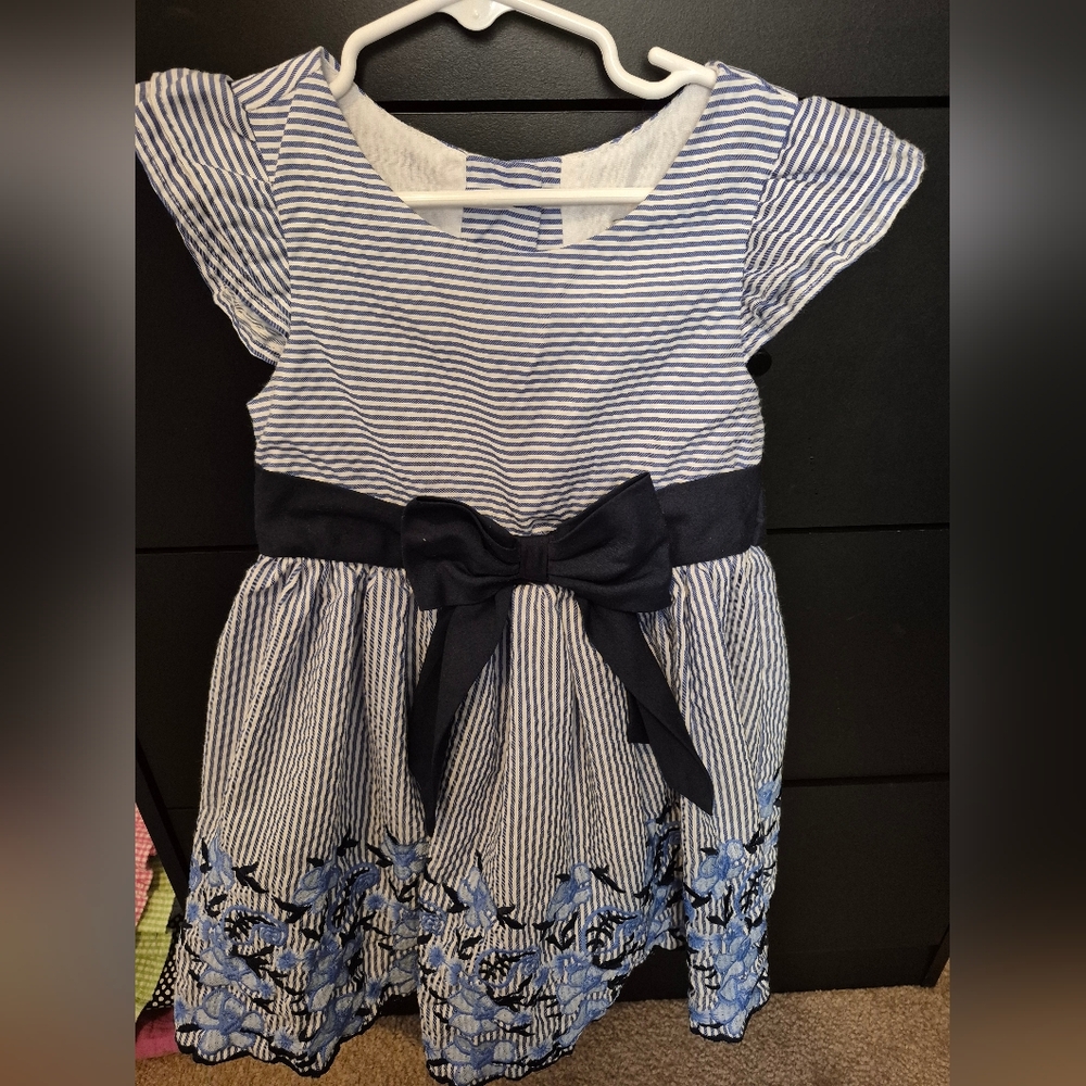 Rare Editions Blue and White Striped Dress with Floral Accents